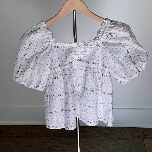 Janie and Jack White & Pink Mini Floral Puff Sleeve Blouse - NWT - Picture 2 of 8